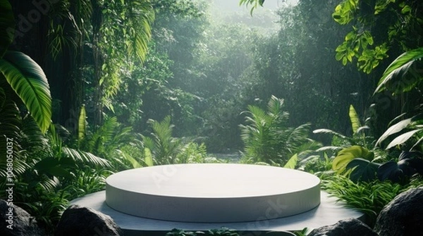 Fototapeta Jungle backdrop with empty round platform.