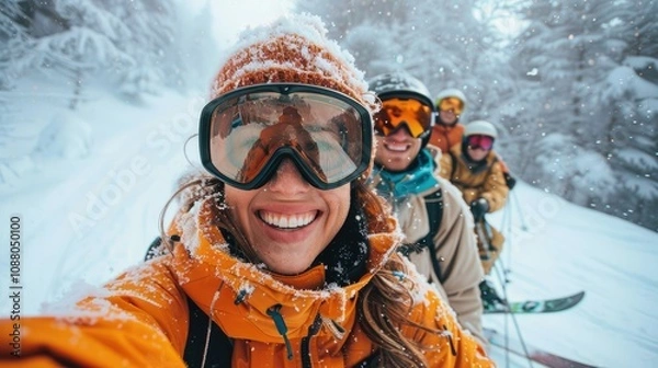 Fototapeta Happy skiers take a selfie in snowy mountains.