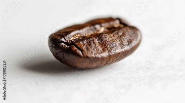 Obraz Single roasted brown coffee bean on white surface. Ideal for coffee shop promotions, espresso related designs, and food and beverage blogs.