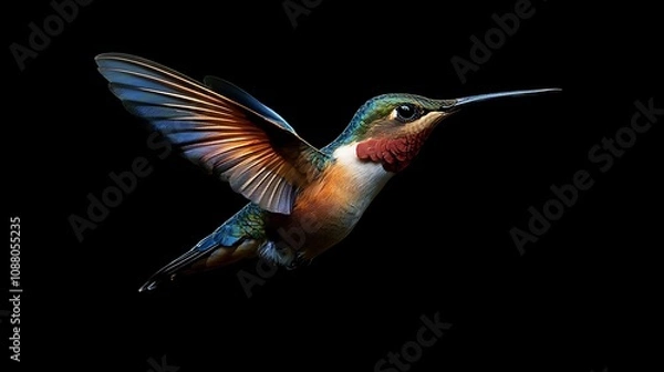 Fototapeta A hummingbird in flight with its wings spread wide against a black background.
