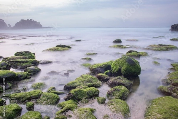 Fototapeta the beautiful view of a tropical beach in the morning, with white sand and coral rocks hit by ocean waves. Landscape images are taken with slow speed technique.