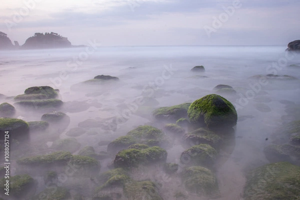 Fototapeta the beautiful view of a tropical beach in the morning, with white sand and coral rocks hit by ocean waves. Landscape images are taken with slow speed technique.