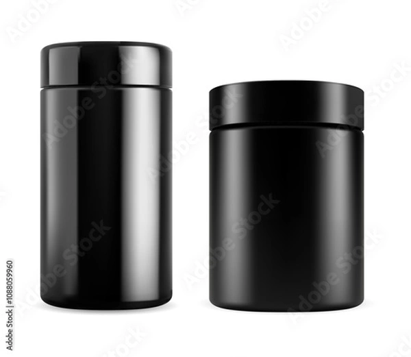 Obraz Black bottle vector mockup. Sport vitamin supplement can template. Vertical cylinder package, whey protein for bodybuilding. Cosmetic pill capsule jar, realistic plastic packaging