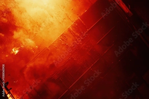Fototapeta A powerful industrial furnace generates bright flames and molten steel, illuminating the surroundings in a factory at night. Generative AI