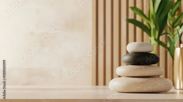Fototapeta A row of white and black stones are arranged on a table