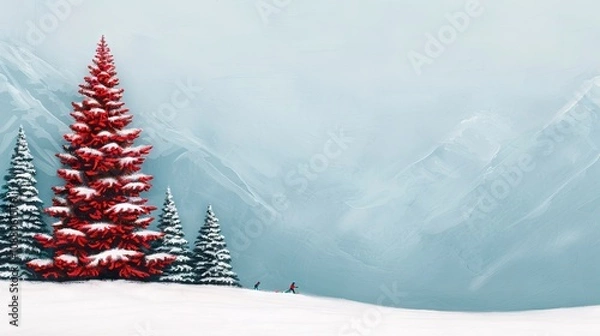 Obraz Snowy landscape with red trees and skiers.
