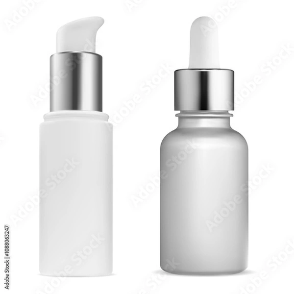 Obraz Small dropper bottle mockup. Serum face clear cosmetic, isolated 3d vector template. Airless dispenser package for essence oil, mini flacon. Skin moisturizer loyion vial. Foundation product bottle