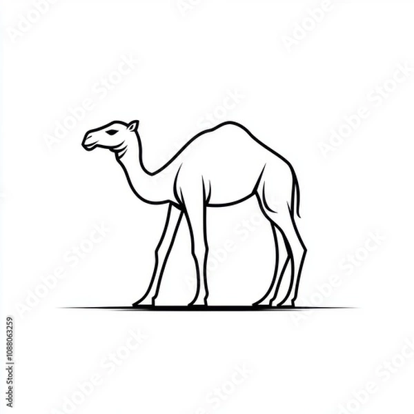 Fototapeta A minimalist black and white illustration of a camel, showcasing its distinct features and long legs.