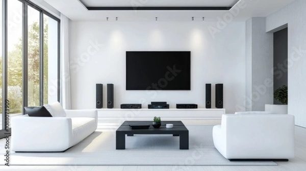 Fototapeta A cutting-edge AI-powered smart home entertainment system, modern living room with integrated controls for managing audio, video