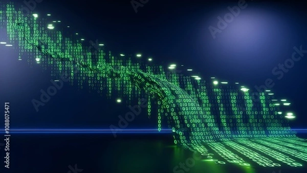 Fototapeta Green binary code cascades down a dark blue background, creating a digital matrix effect