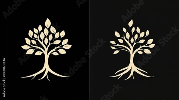 Fototapeta Tree logo with roots and branches symbolizing growth, nature, and life, ideal for eco-friendly brands, nature-themed designs, and sustainability projects.