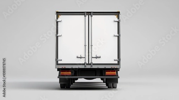 Fototapeta A rear view of a white box truck with the back doors closed, on a white background.