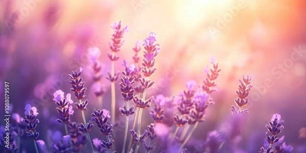 Fototapeta Provence nature backdrop. Lavender field illuminated by sunlight with copy space. Close-up of blooming violet lavender flowers. Summer theme, selective focus.