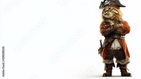 Fototapeta A fierce feline pirate captain, paws crossed, stands against a white background.
