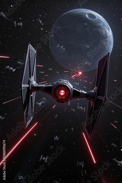Fototapeta Futuristic Space Battle with TIE Fighters in a Starry Sky