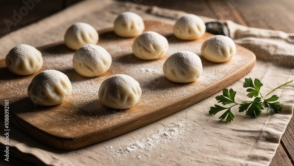 Fototapeta Nine flour-dusted dough balls on wooden board with parsley sprig