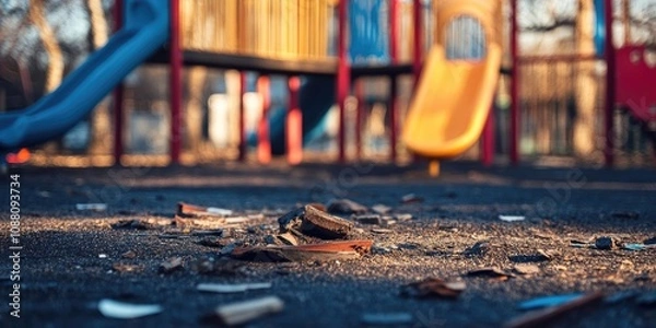 Fototapeta Damaged playground. Background with a selective focus and copyspace for text.