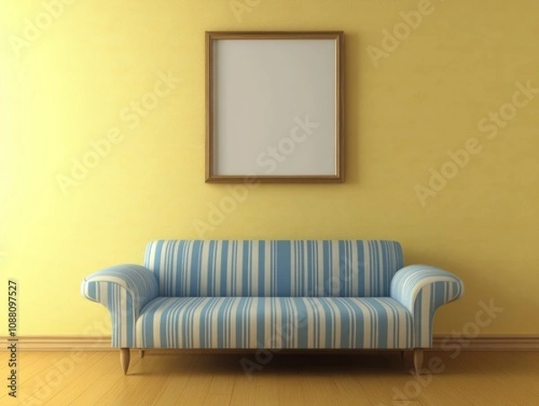 Fototapeta Striped Sofa and Blank Framed Picture on Yellow Wall