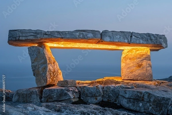 Fototapeta Illuminated stone structure at dawn, overlooking calm sea.