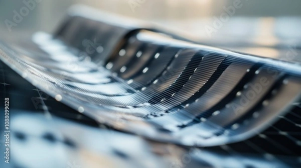Obraz A detailed view of a flexible perovskite solar cell, showing bendable and lightweight photovoltaic technology for renewable energy, Solar technology style