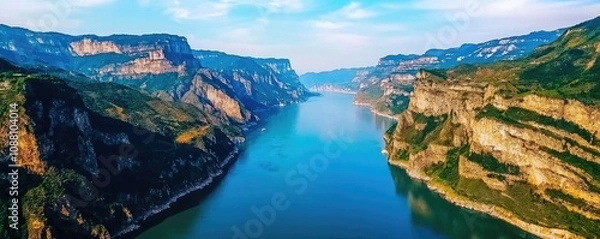 Fototapeta A stunning panoramic view of a river winding through majestic cliffs under a clear blue sky, showcasing nature's beauty and serenity.