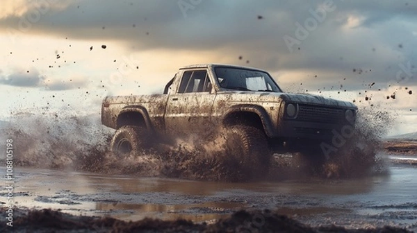 Fototapeta A rugged truck splashes through muddy terrain, showcasing off-road capabilities.