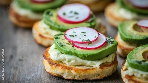 Fototapeta Delicious avocado and radish appetizers on toasted bread, garnished with herbs, perfect for gatherings or snacks.