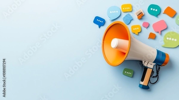 Fototapeta Vibrant and bold megaphone icon with colorful speech bubbles against a clean background representing the concepts of social media digital marketing advertising and effective communication