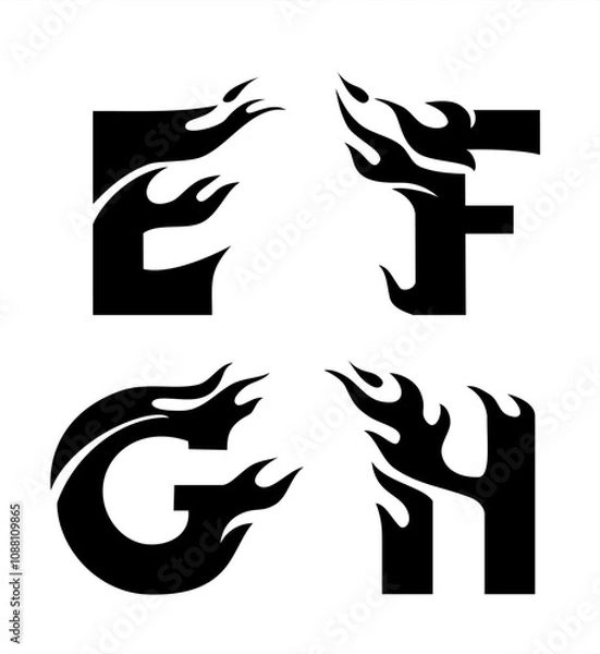 Obraz Fire Letters Design Silhouette Set, E, F, G, H or Initials Ink Tattoo