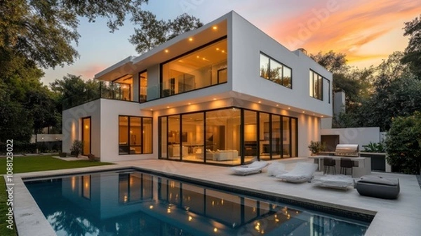 Fototapeta Modern Two-Story White Concrete House With Glass Facade and Swimming Pool at Sunset. Generative AI