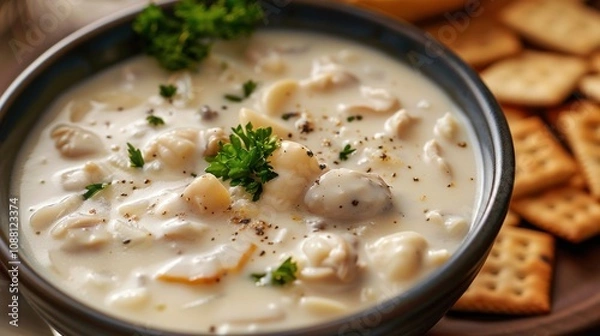 Fototapeta Creamy clam chowder soup in a bowl with crackers on the side.