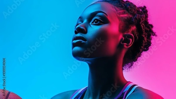 Obraz A Dynamic Portrait of a Young Female Basketball Player in Neon Light