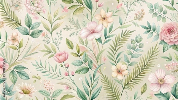 Fototapeta Soft pastel botanical pattern featuring delicate flowers and leaves, botanical, soft, pastel, pattern, delicate, flowers