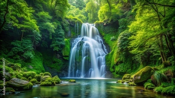 Fototapeta Waterfall cascading through lush green forest, Waterfall, Forest, Nature, Scenic, Landscape, Flowing, Tranquil, Serene, Wild