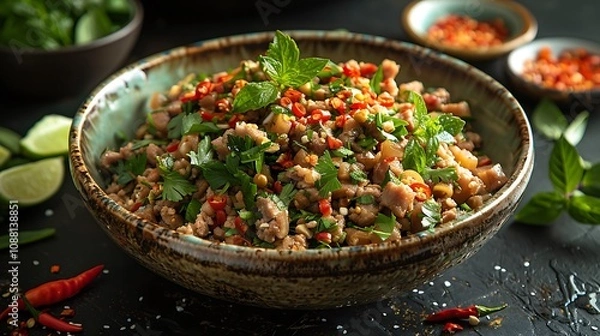 Fototapeta A crisp image of Larb in a bowl, garnished with fresh herbs and chili flakes, served on a rustic table 