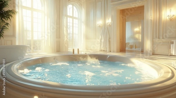 Obraz Luxurious bathroom with a round jacuzzi tub, sunlight streaming through large windows.