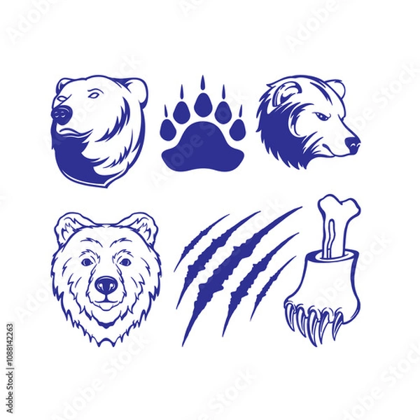 Fototapeta vector illustration of several bear heads and their paws