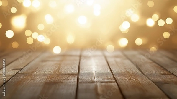 Fototapeta Beautiful Bokeh Lights Over a Blurred Background with Warm Tones and Wooden Surface Perfect for Holiday or Celebration Themes