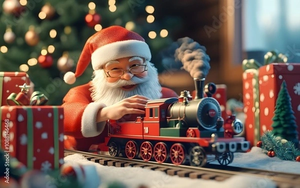 Fototapeta Santa Claus enjoys playing with a toy train by a decorated Christmas tree, surrounded by colorful presents.