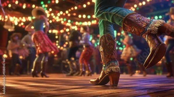 Fototapeta Closeup of feet in cowboy boots dancing at a lively country bar with string lights and a crowd of people.