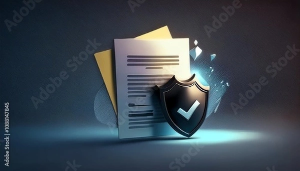 Obraz A digital shield protects documents, symbolizing security, trust, and verification in data management.