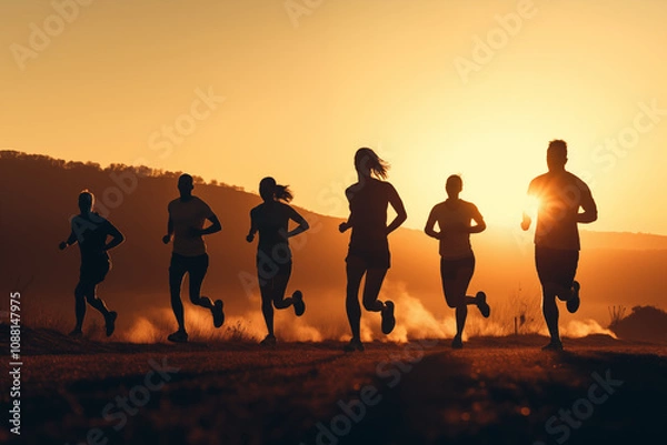 Obraz Groups of runners enjoy an evening jog along a scenic trail as the sun sets, casting a warm glow over the landscape and emphasizing their silhouettes.