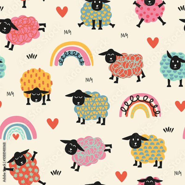 Fototapeta Cute colorful sheep seamless pattern. Sheep with rainbows and hearts. 