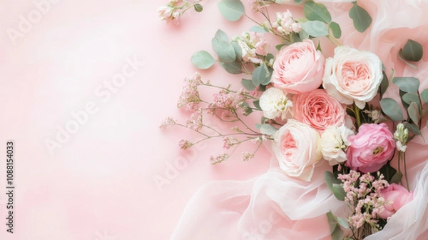Fototapeta beautiful arrangement of soft pink flowers on light pink background, creating serene and elegant atmosphere. Perfect for weddings or special occasions