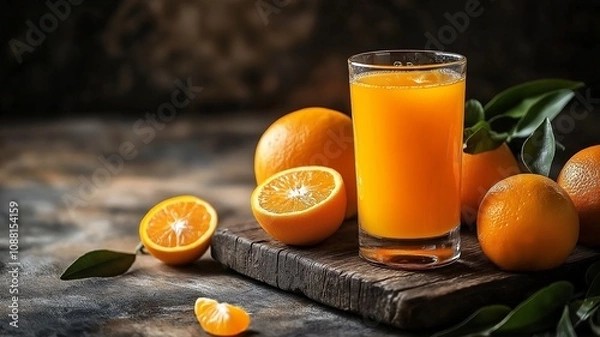 Obraz Freshly Squeezed Orange Juice in Glass Surrounded by Whole Oranges with Leaves on Wooden Surface, Ideal for Refreshing Beverage and Healthy Lifestyle Imagery