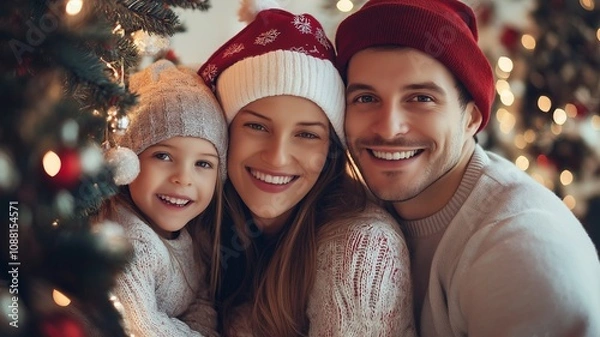 Obraz Family Togetherness in Front of a Beautifully Decorated Christmas Tree Exuding Warmth and Joy During the Holiday Season