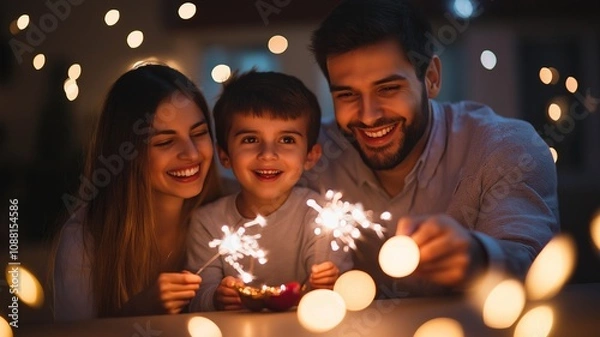 Obraz A Heartwarming Family Celebration of Diwali with Sparklers, Showcasing Joy and Togetherness in a Beautiful Evening Glow