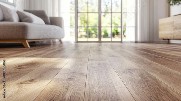 Fototapeta spacious room with white walls and oak laminate flooring, featuring cozy sofa and large windows that let in natural light, creating warm and inviting atmosphere