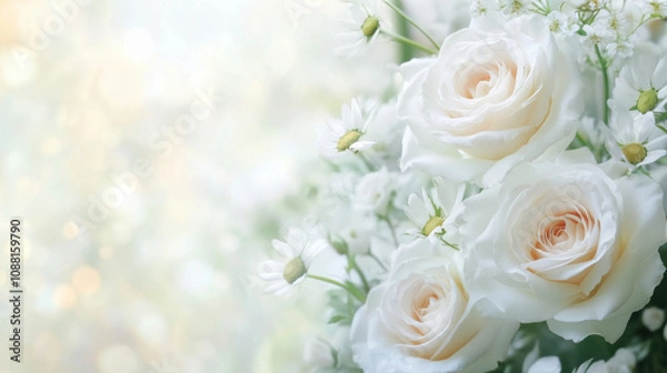Fototapeta Beautiful white roses and daisies create serene floral arrangement, perfect for expressing sympathy and love during difficult times. soft colors evoke sense of peace and comfort