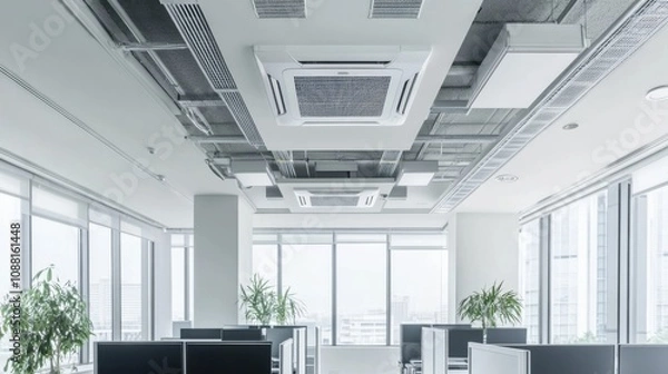 Obraz A high-tech AI-powered smart building ventilation system, modern office environment with advanced air handling and purification technology, Building Ventilation style